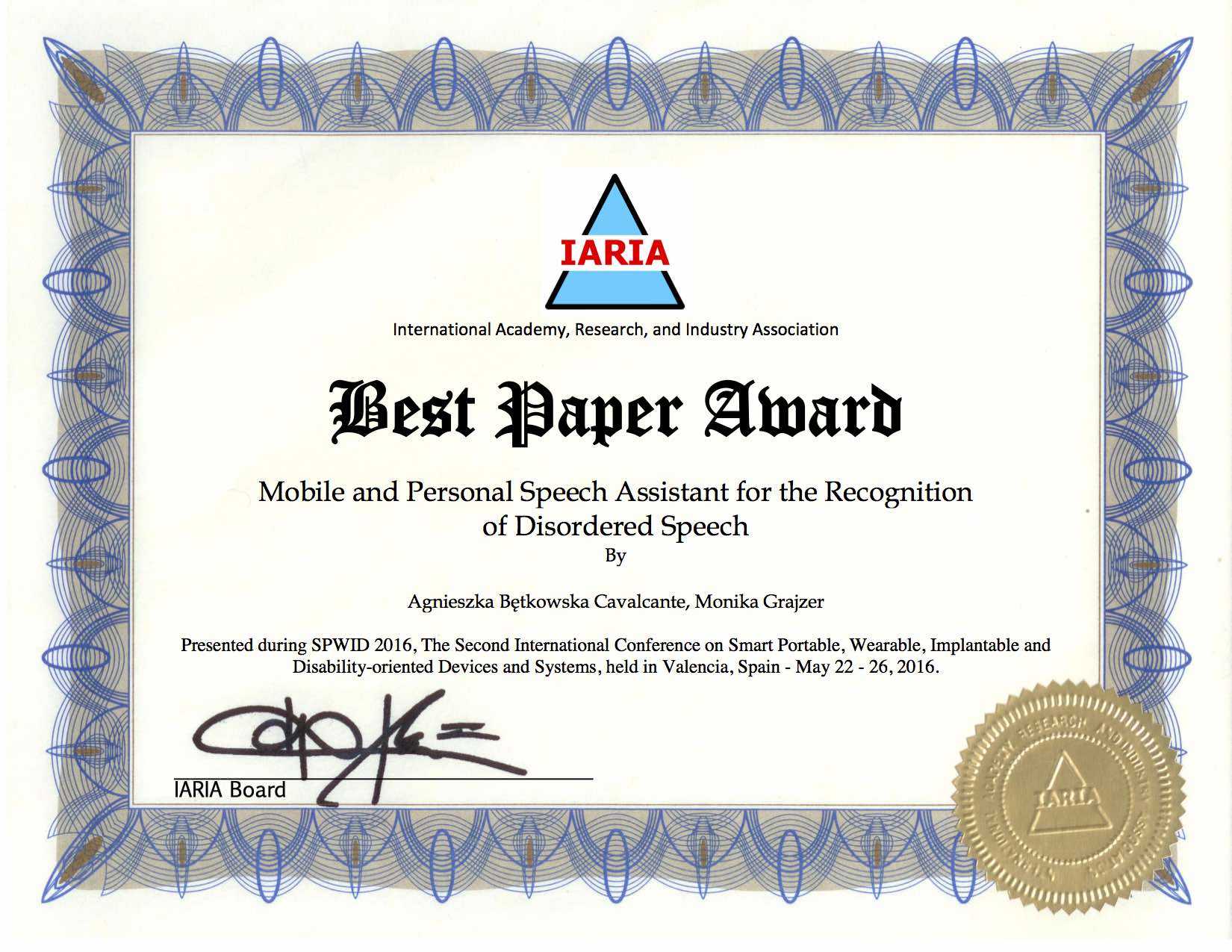 spwid2016 bestPaperAward